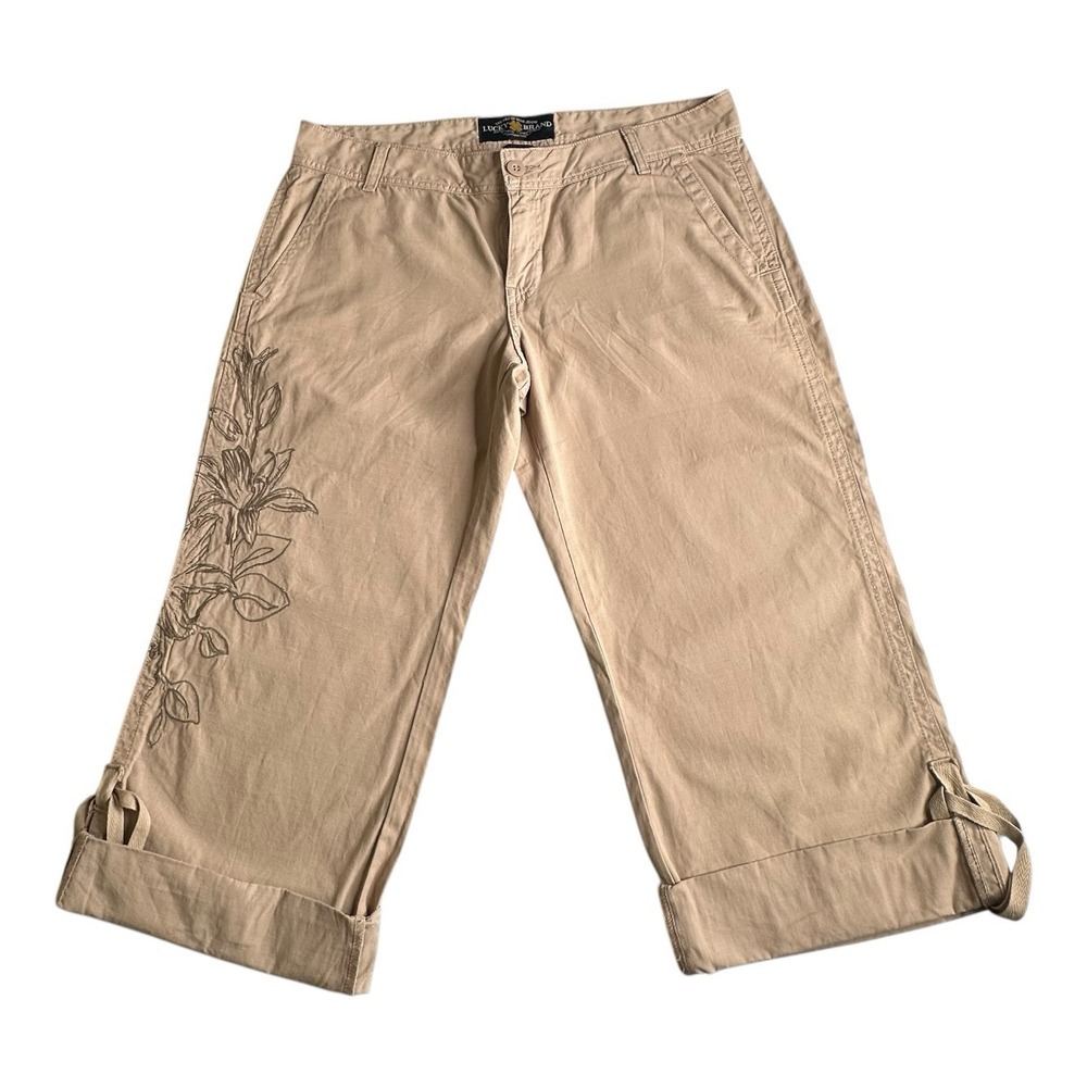 Lucky‎ Brand Pants Womens 30 Khaki Embroidered Crop Classiccore Preppy Rip Stop